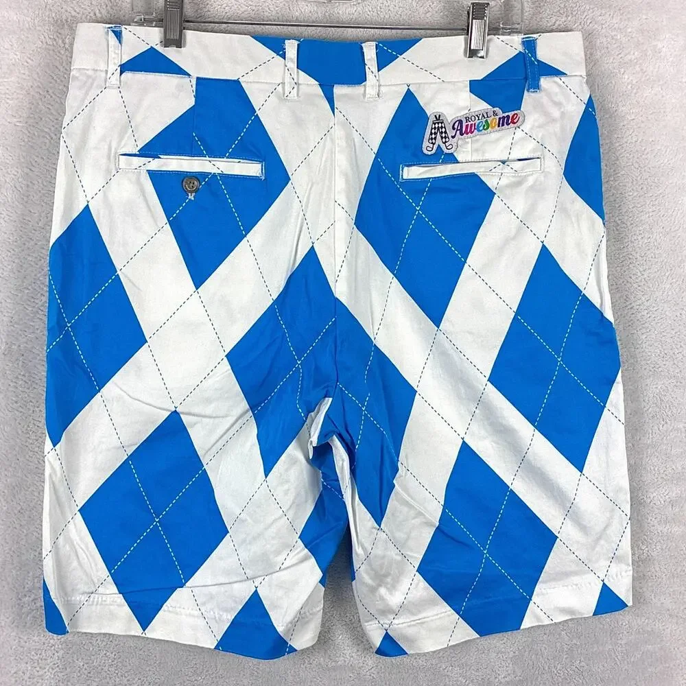 Royal and Awesome Shorts Mens 36 White Blue Argyle Preppy Golf Summer Outdoors